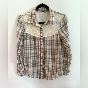 Free People Plaid Button Down Shirt with Lace Detail